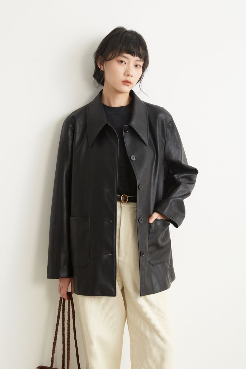 Schwarz für Damen, 2024 Herbst neuer Style, cool und lässig, kleiner spitzer Kragen, umweltfreundliches Ledertop_voghion.com