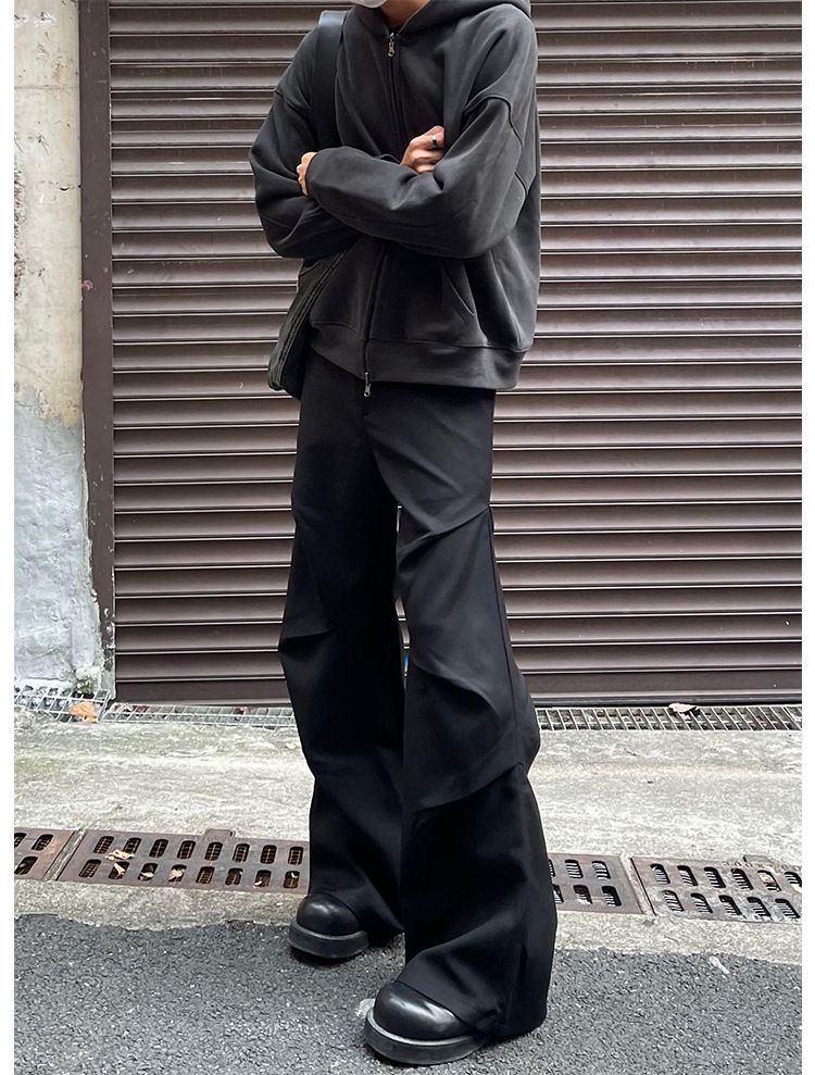 American Style Elastic Waist Loose-fit Casual Trousers 280gm Sensibility Ruffled Wide-leg Pants Men's Tuxedo Suit Pants_voghion.com