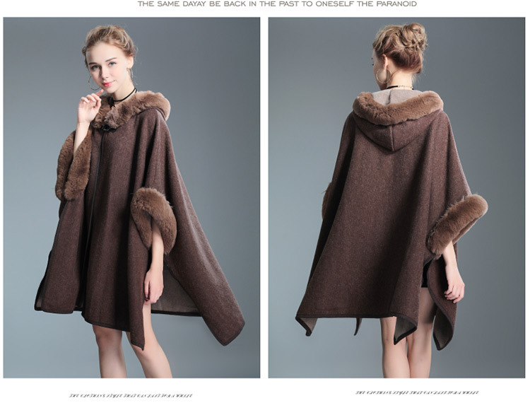 Women's imitation Rex rabbit collar hooded shawl cape large size woolen coat loose cardigan_voghion.com