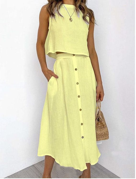 Damen Hals Weste Hemd Mittellanges Button-Down Kleid Zweiteiliger Anzug_voghion.com