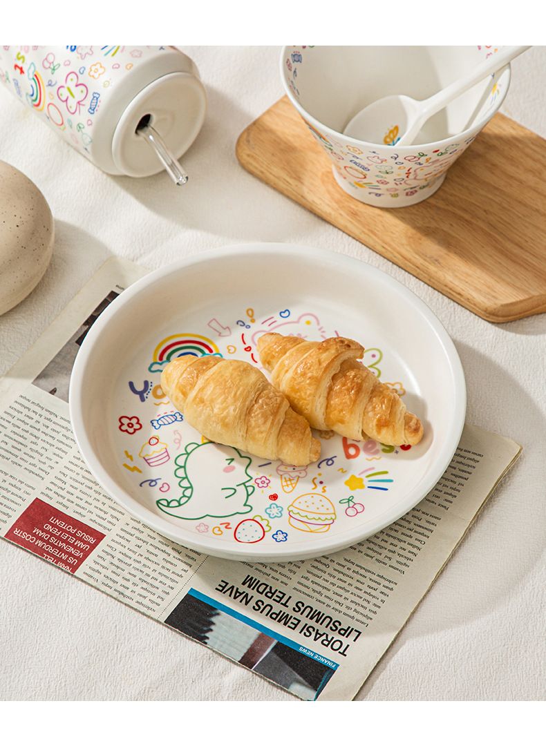 Japanese-Style Cartoon Ceramic Dinner Plate Set With Spoon - 8 Inch Hand-Painted Doodle Design, Microwave Safe, Elegant Tableware_voghion.com