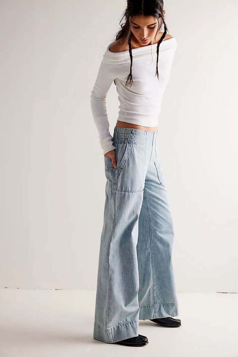 Pantaloni in denim larghi a vita bassa alla moda per donna - Comodi pantaloni elastici in vita, gamba dritta, stile streetwear_voghion.com