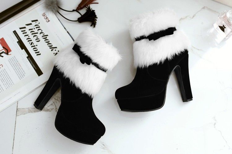 2025 Winter New Suede Coarse Heel Fashion Boots With Hairy Mouth Bow Side Zipper Waterproof Platform Short Boots For Women_voghion.com