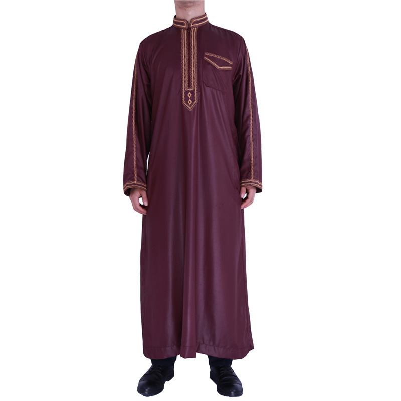 Bahar Stand Yaka Baskılı Erkek Giyim Etnik Stil Gevşek Uzun Tek Parça Müslüman Bornoz_voghion.com