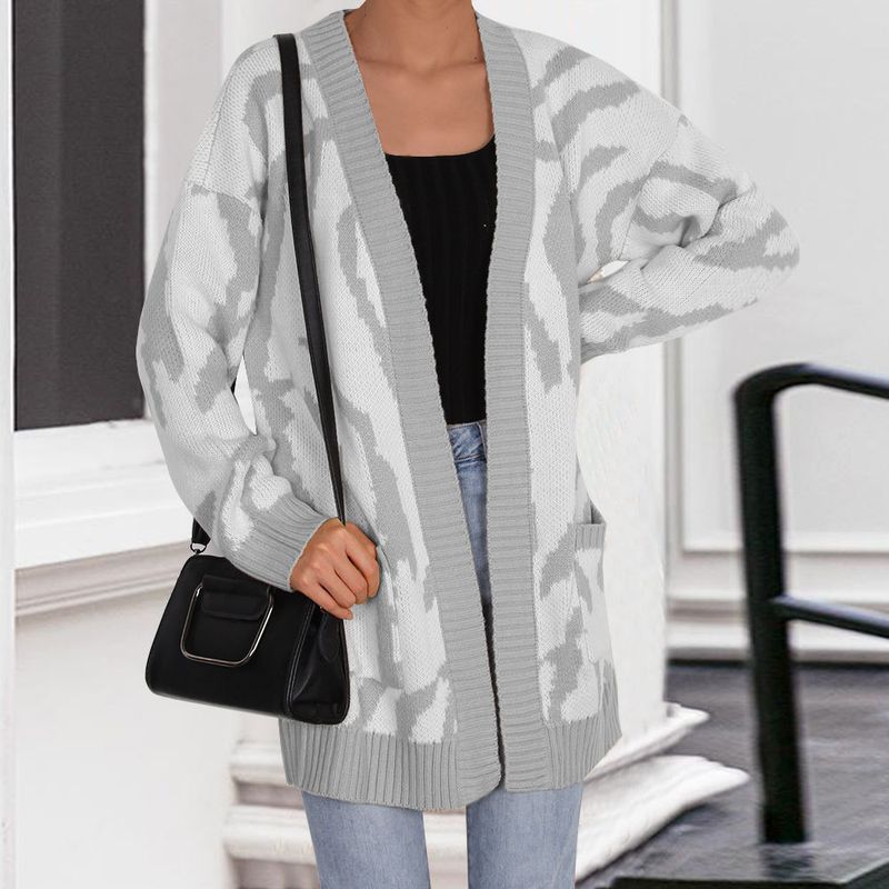 Abbigliamento donna maglione da donna cardigan lavorato a maglia sciolto di media lunghezza con motivo geometrico irregolare_voghion.com