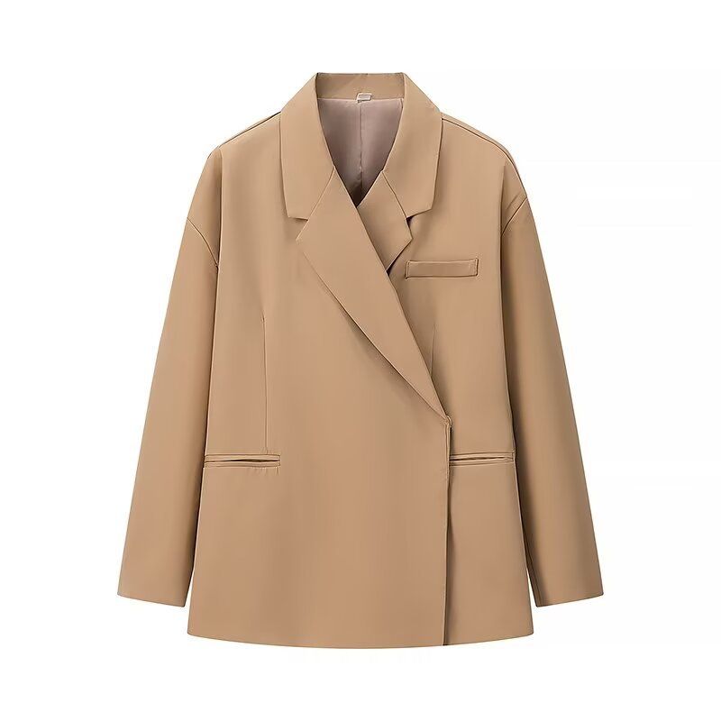 Giacca blazer oversize da donna - Classico cappotto a maniche lunghe con revers a lancia e tasche, in poliestere, casual, da lavoro o da ufficio (nero/grigio/kaki, S/M/L)_voghion.com