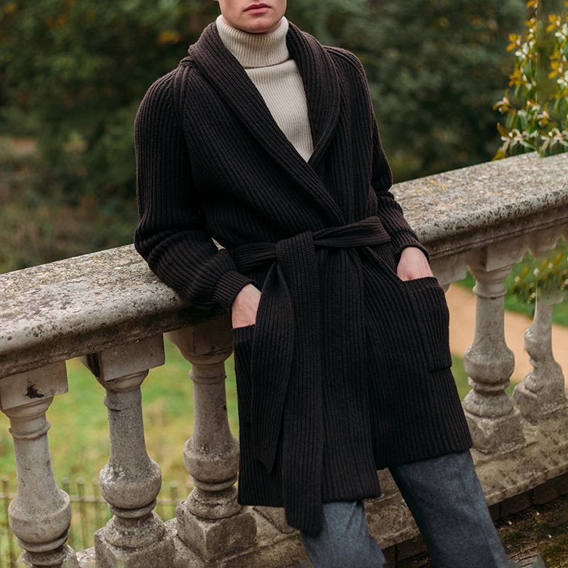 Men's Casual Knit Sweater Jacket – Mid-Length Tie Design, Autumn & Winter Fashion, Soft & Stylish (Dark Brown, Dark Blue)_voghion.com