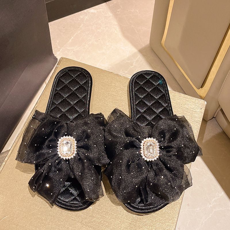 French Fairy Style Women's Bow Satin Flat Summer New Outdoor Soft Sole One-Word Slippers_voghion.com