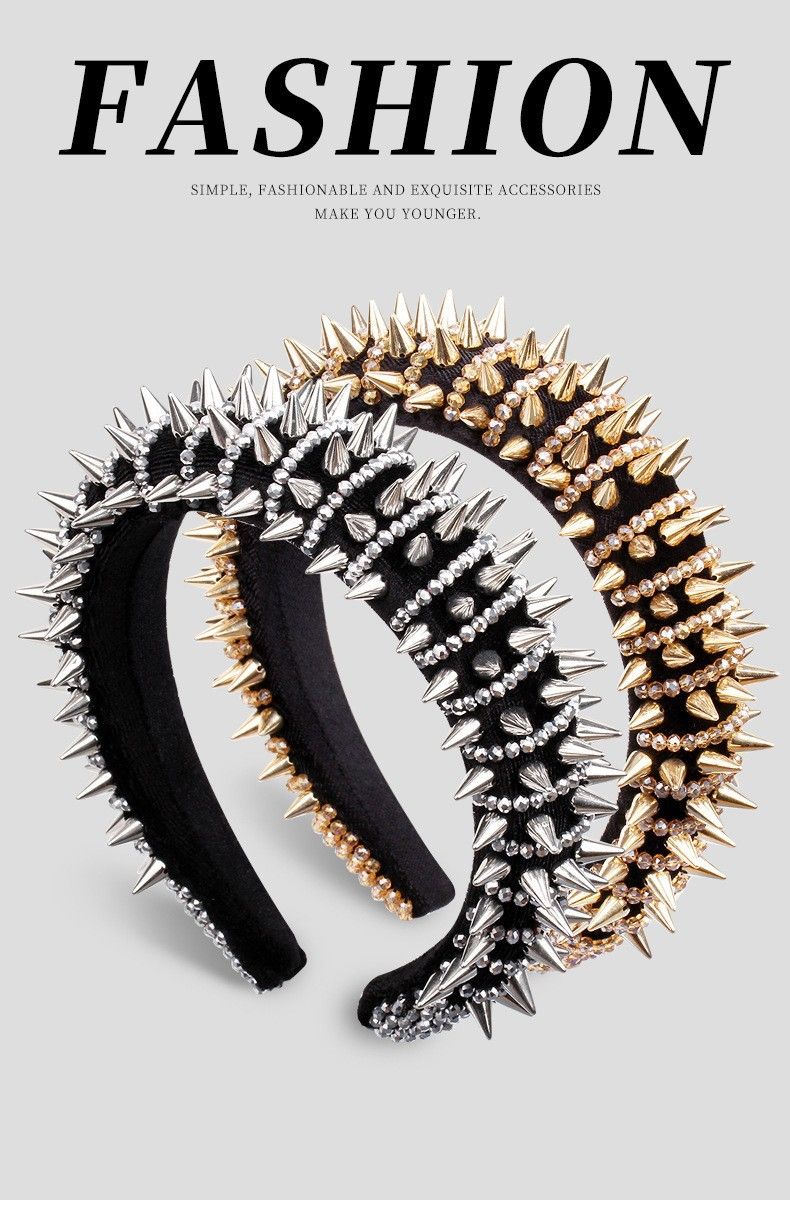 Accessori per cerchi per capelli in spugna spessa cuciti con rivetti di cristallo personalizzati in stile punk per l'industria pesante_voghion.com