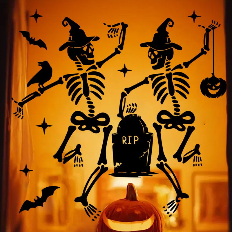 Adesivi murali decorativi autoadesivi in PVC con teschio nero e pipistrello, personaggi divertenti per le vacanze di Halloween_voghion.com