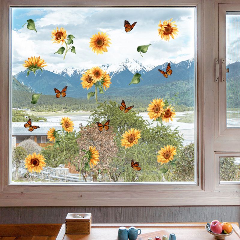 Pegatinas de pared de PVC mate con diseño de mariposa y girasol de verano N1901 para decoración de ventanas de sala de estar y dormitorio_voghion.com