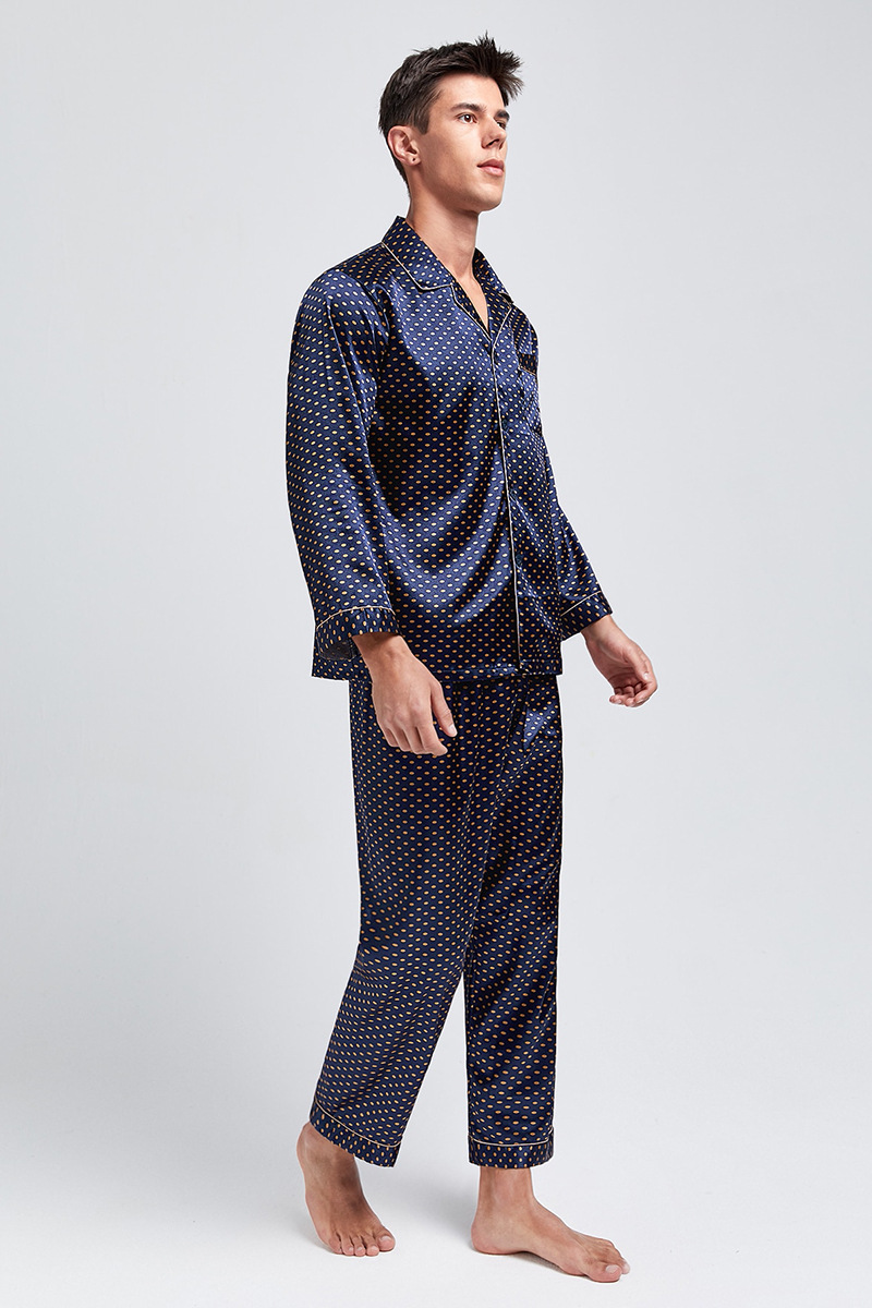 Pijama de seda estampado masculino, manga comprida, roupas para casa de tamanho grande, pijama de verão de seda gelada_voghion.com