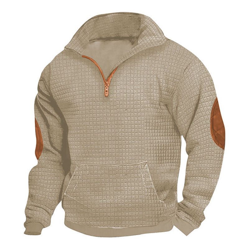 Felpa con cappuccio casual da uomo in flanella con cerniera, effetto scamosciato e ricamo jacquard - Vestibilità comoda ed elegante per autunno e inverno_voghion.com
