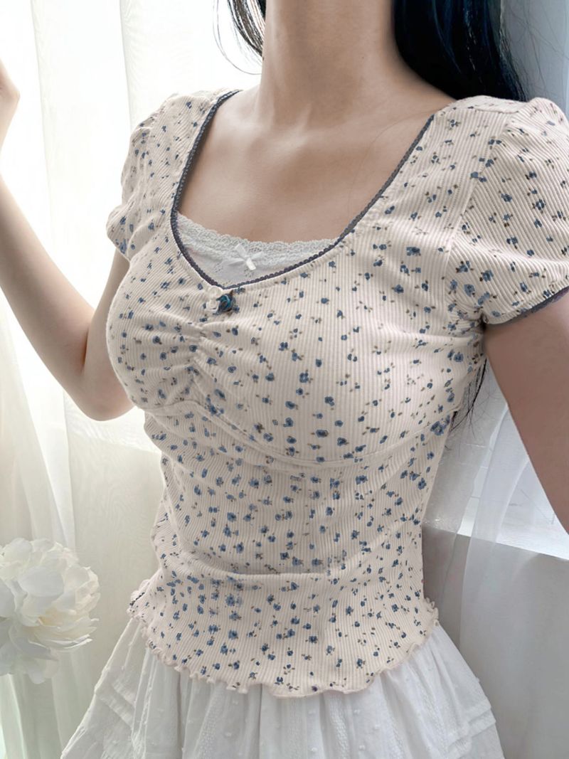 waarme Verkaf IAMSURE Séiss léif Spitzenbezuch Blummen T-Shirt Sexy Schlank Patchwork Quadratkragen Kuerzärm T-Shirts Fraen 2024 Summer_voghion.com