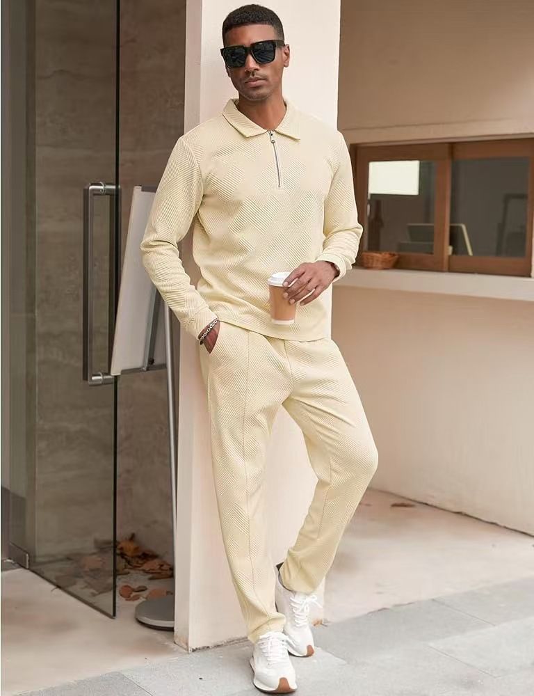 Herrenbekleidung Neue Herren-Jacquard-Langarmhosen Zweiteiler Mode Lässig Sport Einfarbig Anzug Herrenbekleidung_voghion.com