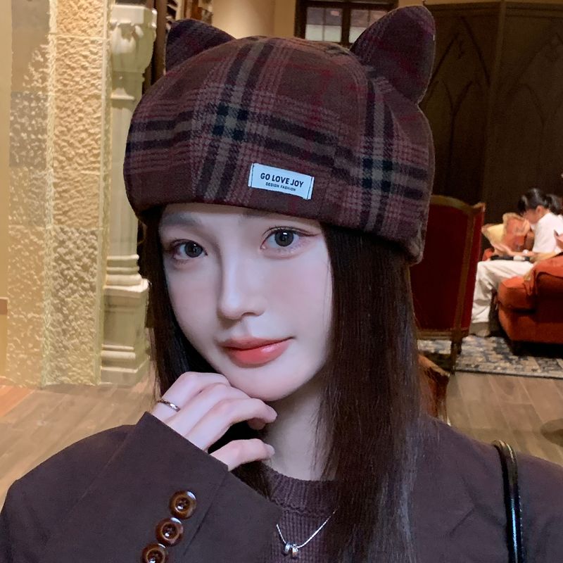 Cappello da donna con basco, simpatico gatto, trasparente, con linee artistiche che rivelano il viso e le orecchie, 2025, nuovo autunno_voghion.com