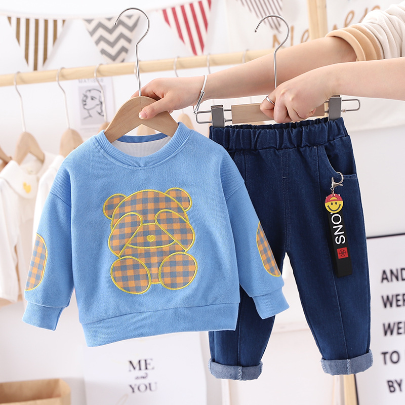 Kinderkleidung Jungenanzug-Set, zweiteilig, langärmelig, Babykleidung, Jeans, Frühlingsmode_voghion.com