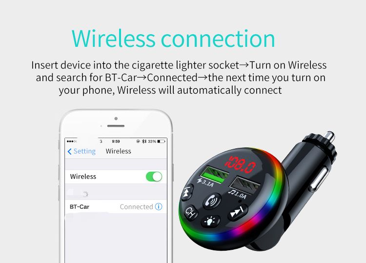 Nabíječka do auta Nabíječka mobilních telefonů Bluetooth Hands-free volání USB port s funkcí nabíjení 3,1A Barevné okolní světlo FM vysílač_voghion.com