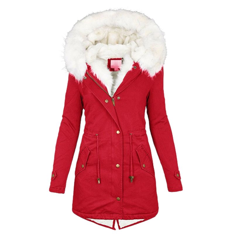 Women's Clothing mid length windbreaker white fur collar hooded warm plus velvet women's coat_voghion.com