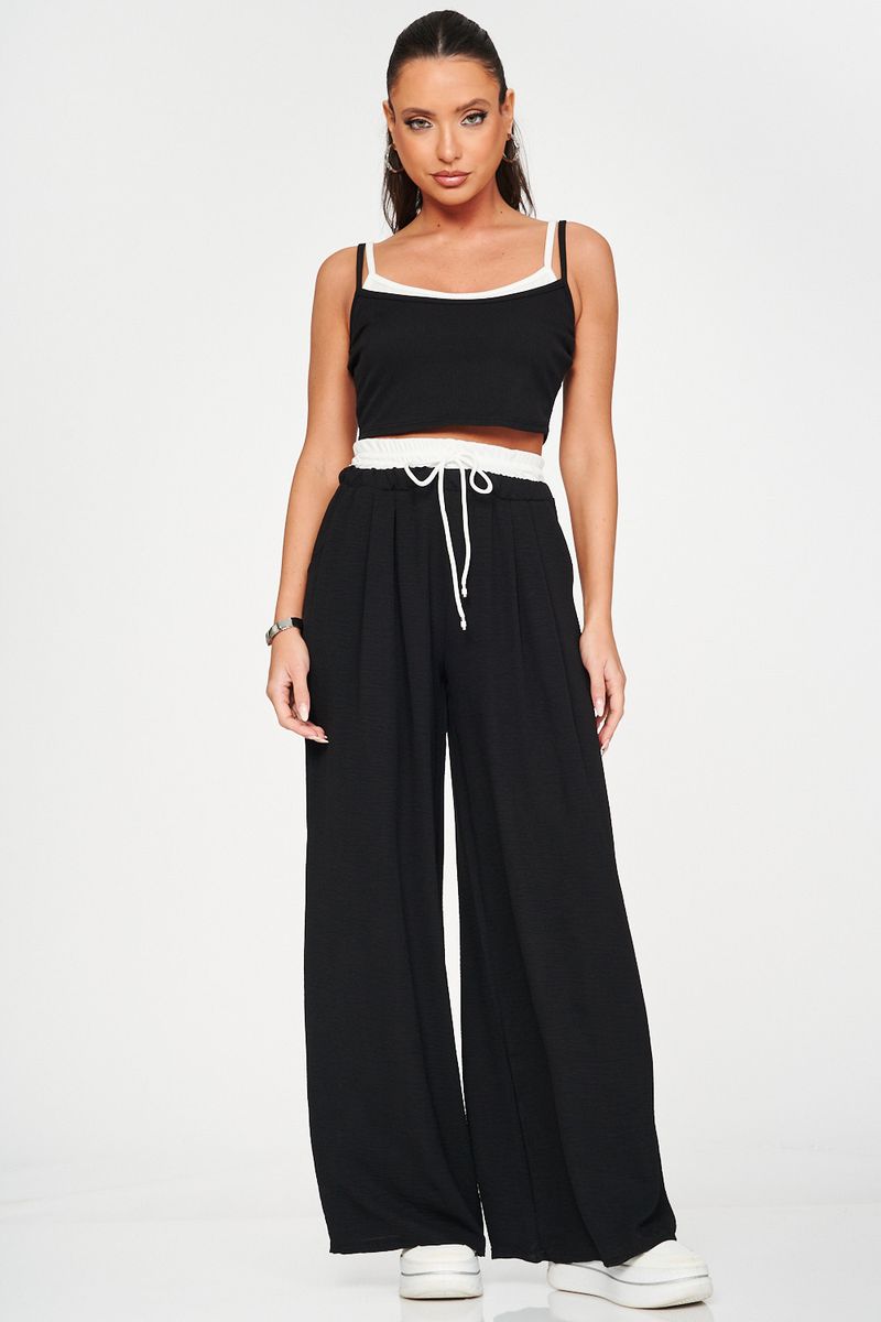 Completo casual da donna, stile corto, sexy, con bretelle a contrasto e pantaloni color block, due pezzi_voghion.com