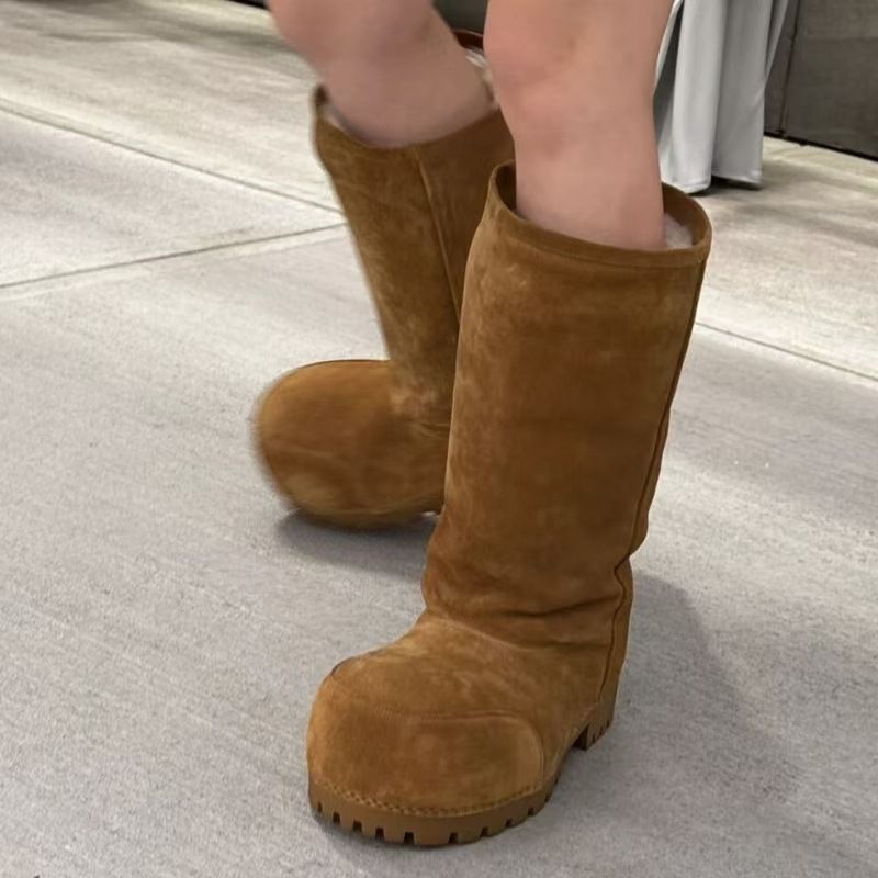 2025 neue Einfarbig Leder High Heel Pelz Stiefel Schnee Stiefel Großen Kopf Dicke Sohle Mode Winter Schnee Stiefel_voghion.com