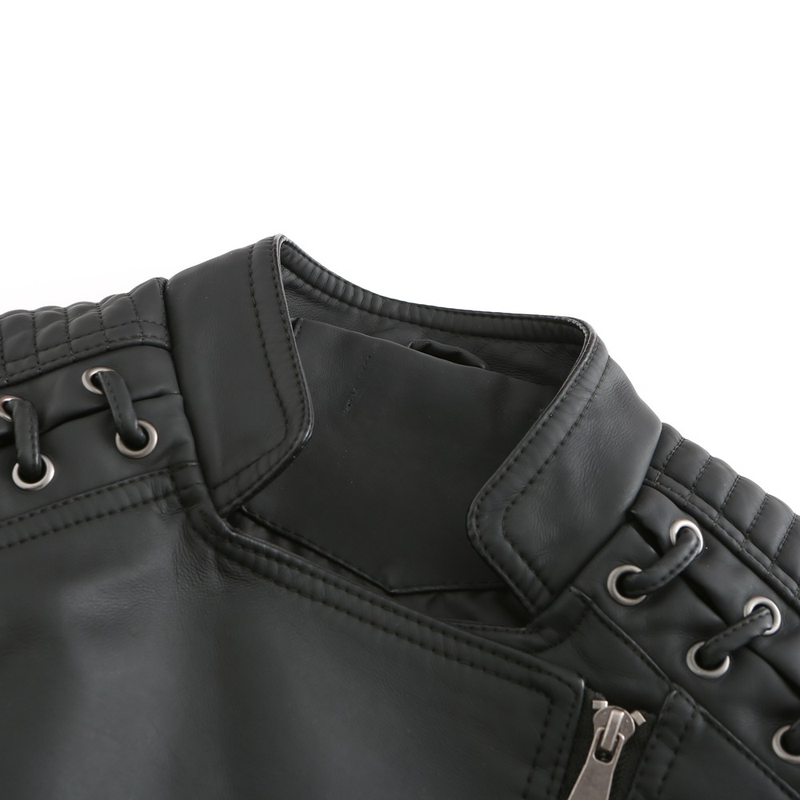 Dammode Läderjacka med snörning Slim Fit Vår Höst Motorcykel Zipper Jacka_voghion.com