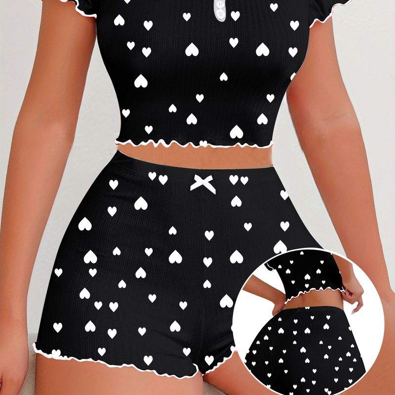 Women's Sleepwears Jacquard Pit Shorts Short Sleeved Love Women's Pajamas Set Can Be Worn As Home Clothes_voghion.com