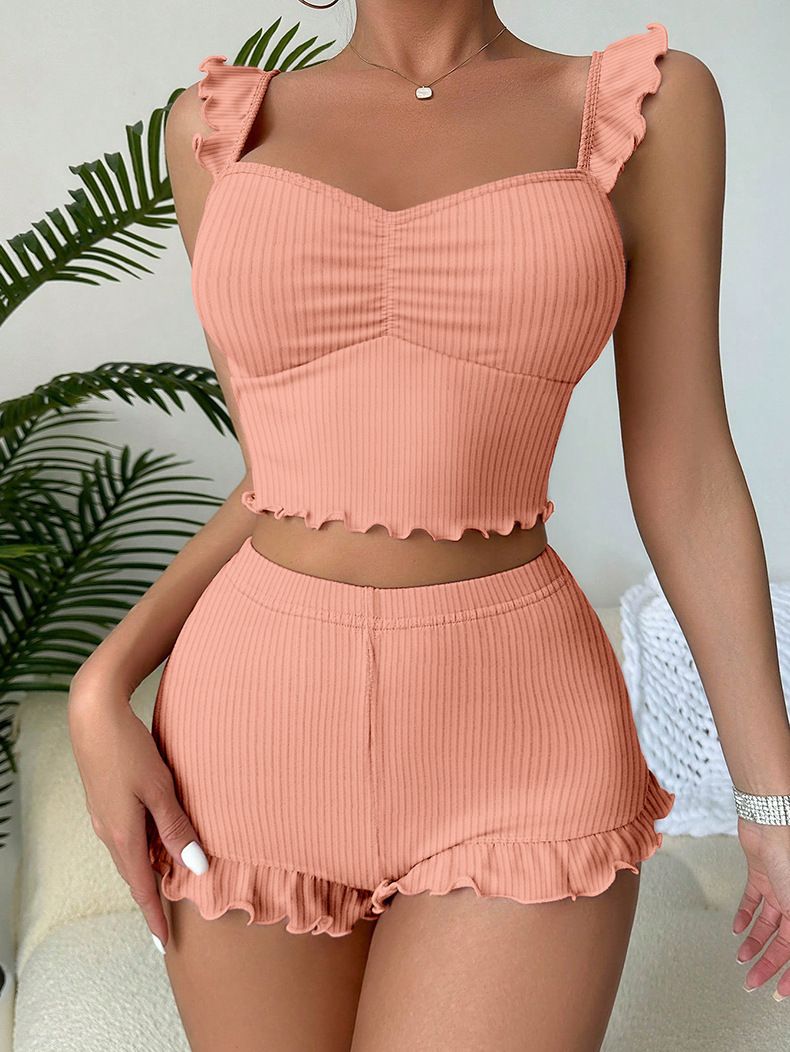 Sexy Pyjama für Damen mit kleinen fliegenden Ärmeln, geripptem Besatz, Trägershorts, Damenpyjama, Loungewear_voghion.com