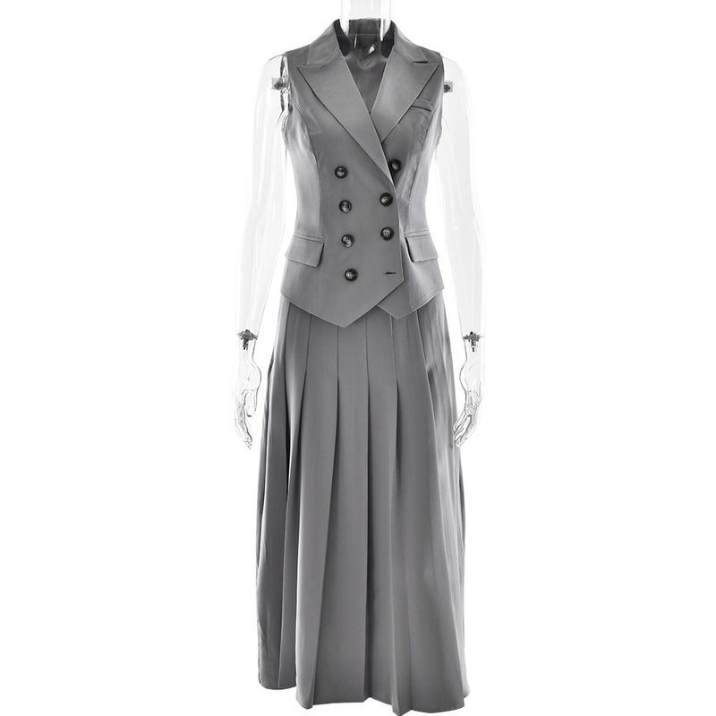 Vêtements pour femmes, tempérament d'automne élégant, nouveau gilet sans manches, jupe longue plissée, costume deux pièces_voghion.com