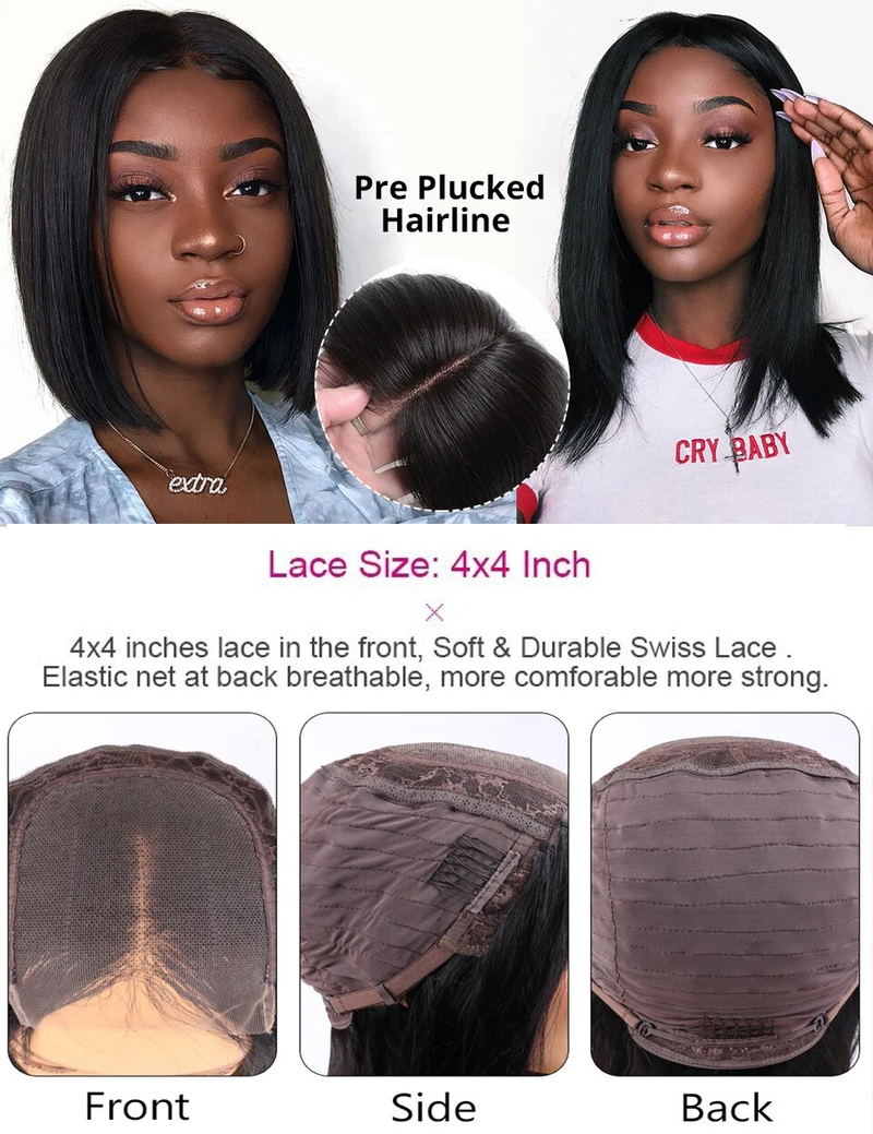 4x4 Sluiting Remy Braziliaanse Menselijke Pruiken Voor Vrouwen Steil Haar Bob Pruik Transparant Zwitsers Kant_voghion.com