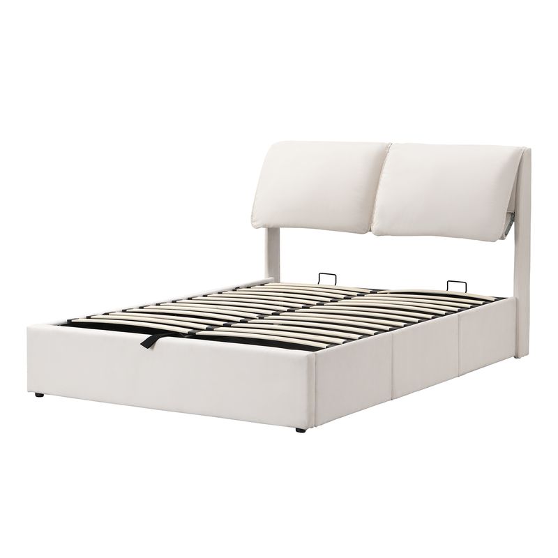 Lit coffre hydraulique 140 x 200 cm, 3 tiroirs, cadre de lit capitonné en velours beige avec sommier à lattes et tête de lit, matelas non inclus._voghion.com