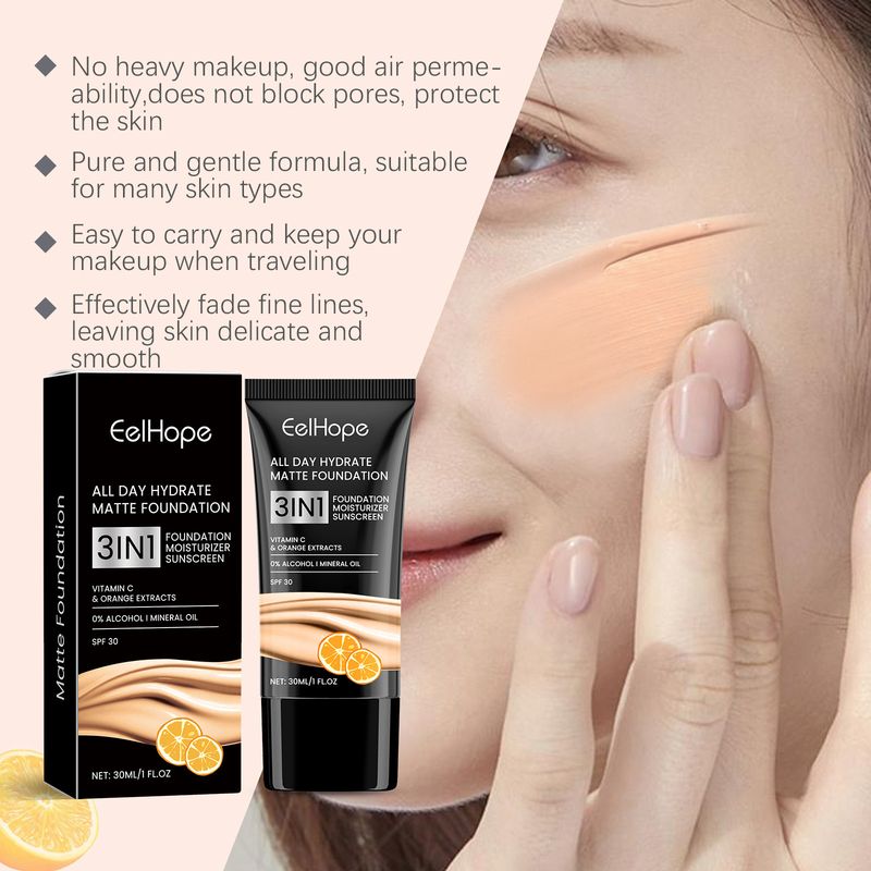 Base de maquillaje Eelhope Skin Tint, cobertura total, protector solar FPS 30, control de aceite, mate, 3 en 1, base hidratante con vitamina C_voghion.com