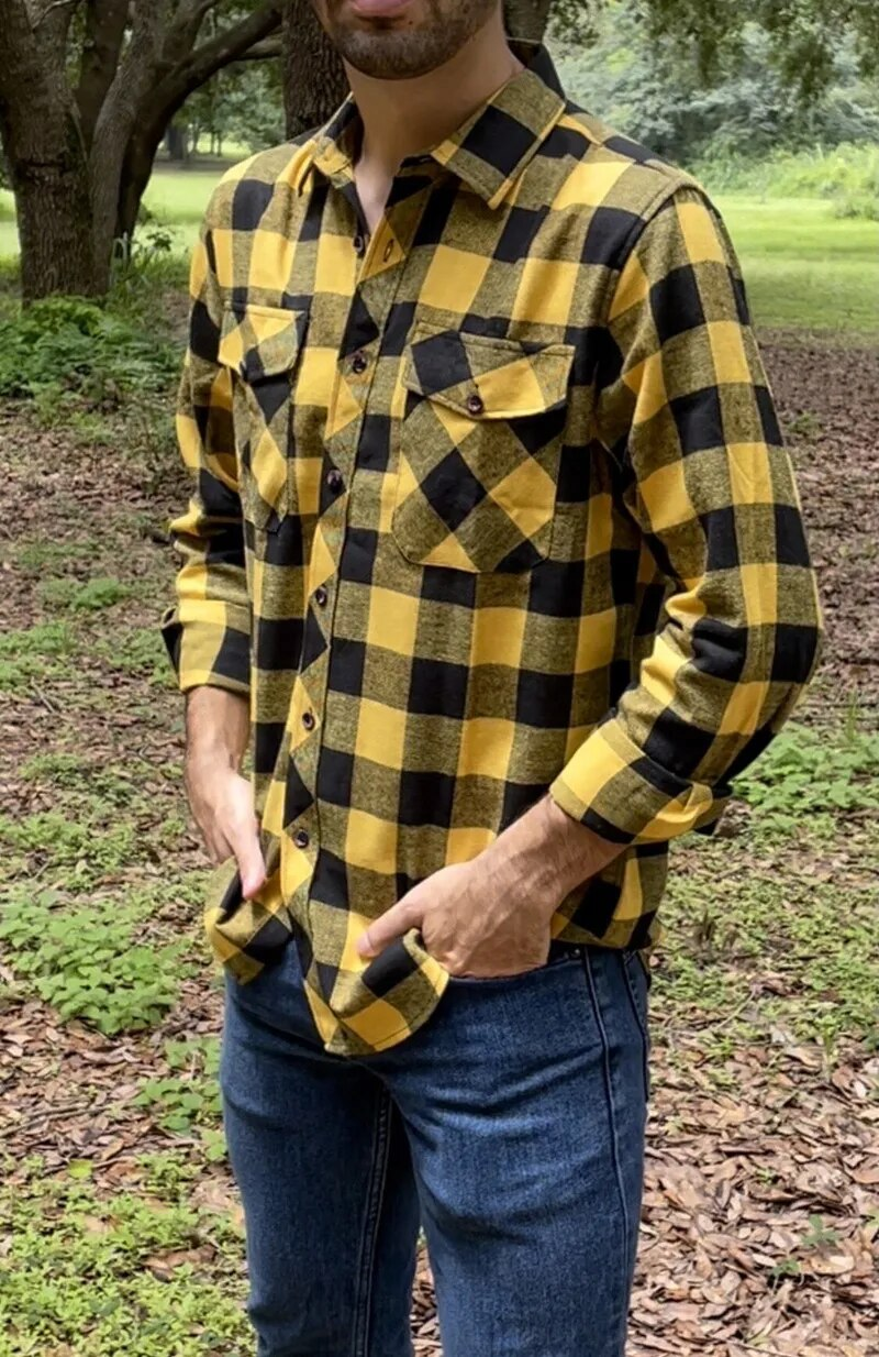 Fall Men's Flannel Plaid Long-Sleeved Casual Button Shirt USA Regular Fit Size S To 2XL, Classic Checkered, Double_voghion.com