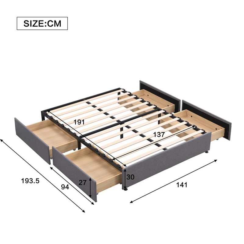 CREASION 4ft6 Storage Upholstered Bed - 4-Drawer, Iron Legs, Durable & Sturdy, Linen & Iron, Grey 135x190cm_voghion.com