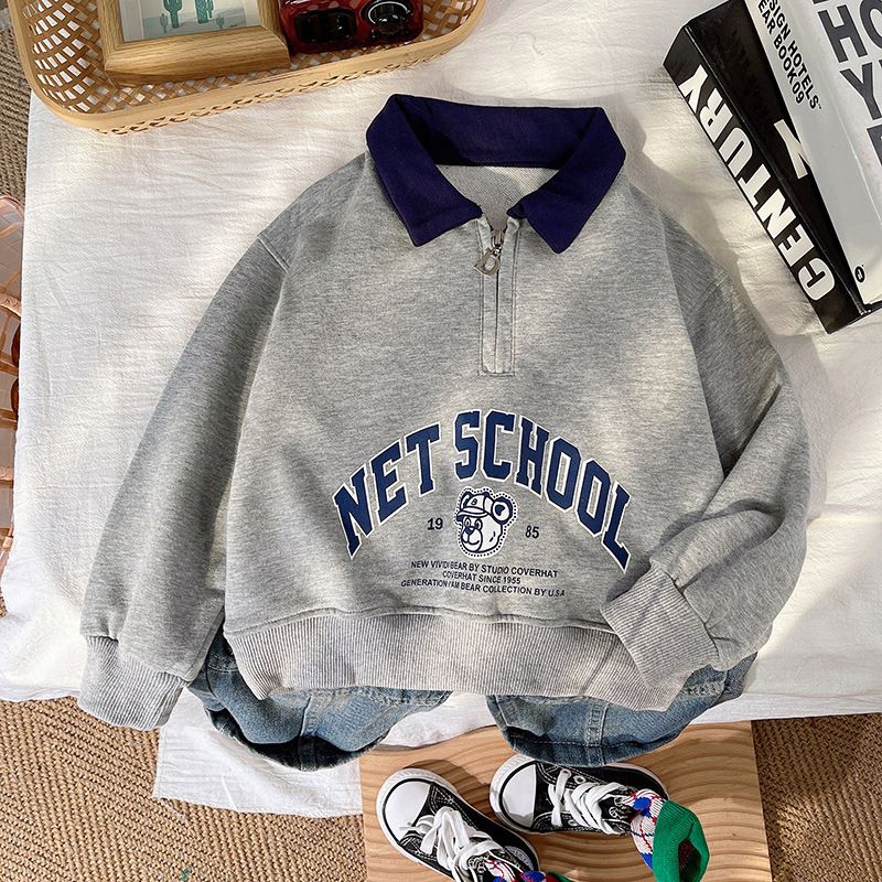 Children's Autumn New Set Zipper Cartoon Sweater Boys' Letter Print Top Cool and Handsome Denim Pants_voghion.com