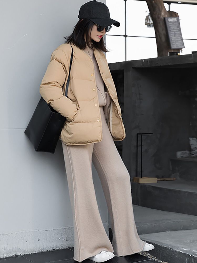 Nuovo maglione spesso e largo a collo alto a metà, due pezzi, pantaloni a gamba larga lavorati a maglia, set casual da donna_voghion.com
