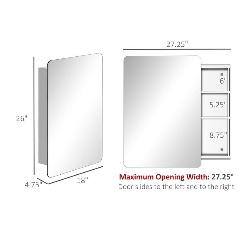 Parete con anta scorrevole da 46 cm, specchio, mobiletto a 3 ripiani, ripiano in acciaio inox da 18'', Kleankin Medicine, supporto per contenitore da 26'', bagno, altezza 66 cm_voghion.com