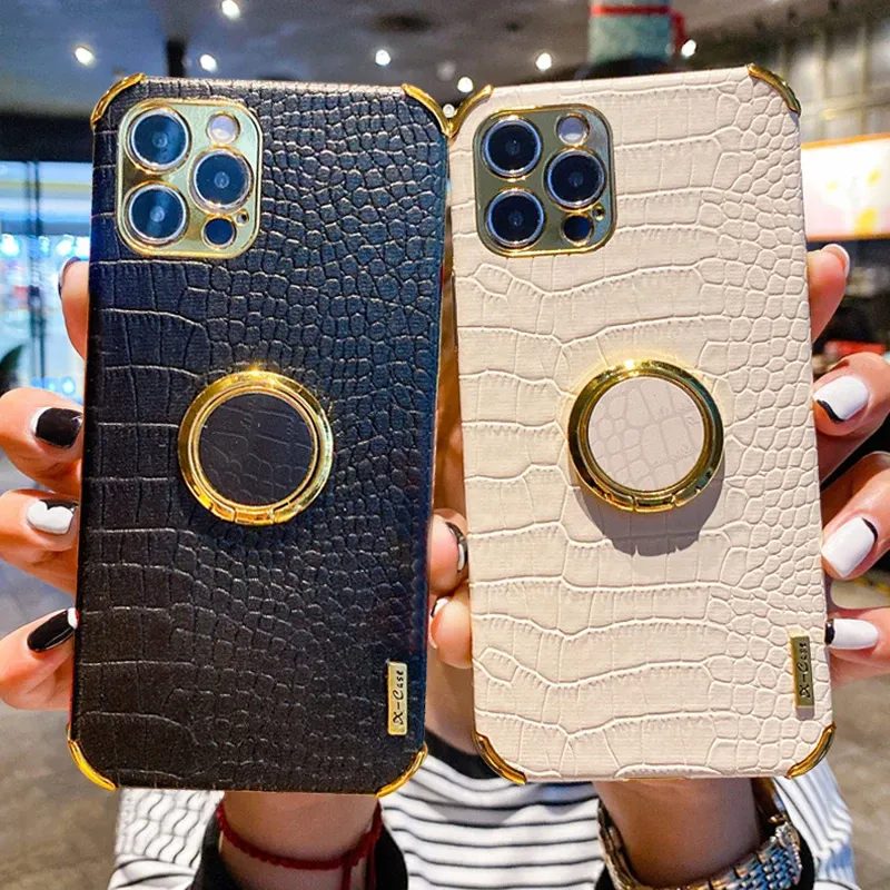 Plating Crocodile Texture Phone Case For IPhone 15 Plus 11 12 13 14 Pro XR X XS Max 8 7Plus 4G 5G Magnetic Finger Ring_voghion.com