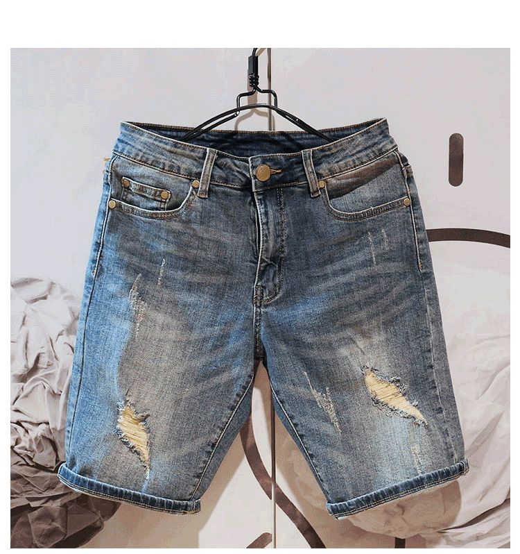 High end denim shorts, men's trendy Korean version, simple summer thin style, fashionable elastic slim fit casual capris_voghion.com