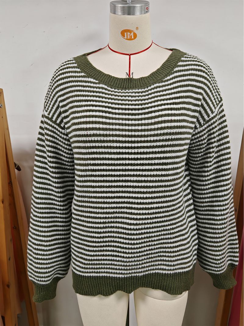 Maglione da donna in maglia con spalle scoperte, righe a blocchi di colore e maniche a lanterna – Vestibilità comoda e ampia per autunno e inverno_voghion.com