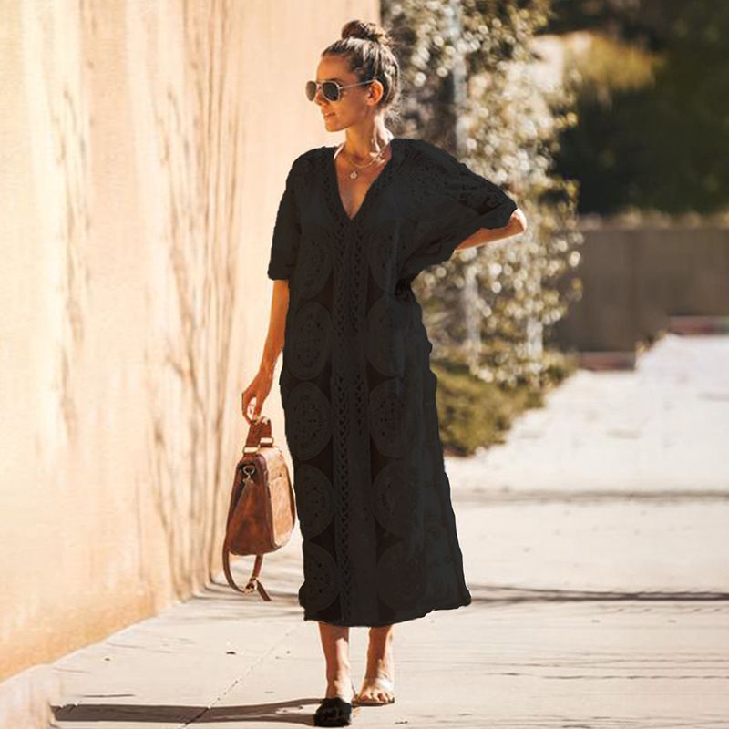 Beach Cover-Up Dress – 100% Cotton Crochet Bikini Wrap, Lightweight 220GSM, Flowing Longline Design (One Size, White/Black/Black-White)_voghion.com