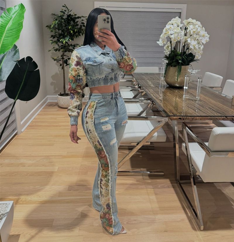 Moda feminina roupas estampadas cor combinando jaqueta jeans jeans terno de duas peças_voghion.com