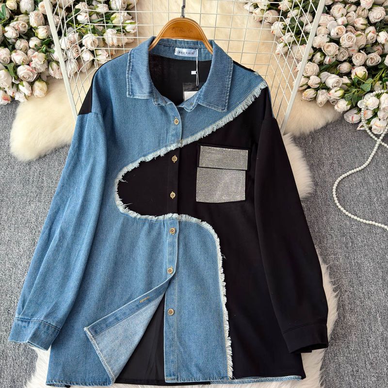 Damenbekleidung Designer-Jeanshemd mit Revers und Patchwork-Muster, langärmeliges Oberteil, Anzug für Frauen, hohe Taille, schmale, farblich passende Hose mit weitem Bein, zweiteiliger Anzug_voghion.com