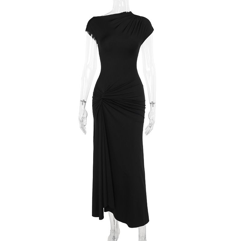 XY24158 Été 2024 Nouvelle robe longue coupe slim avec taille cintrée sexy, manches courtes torsadées et fendues_voghion.com