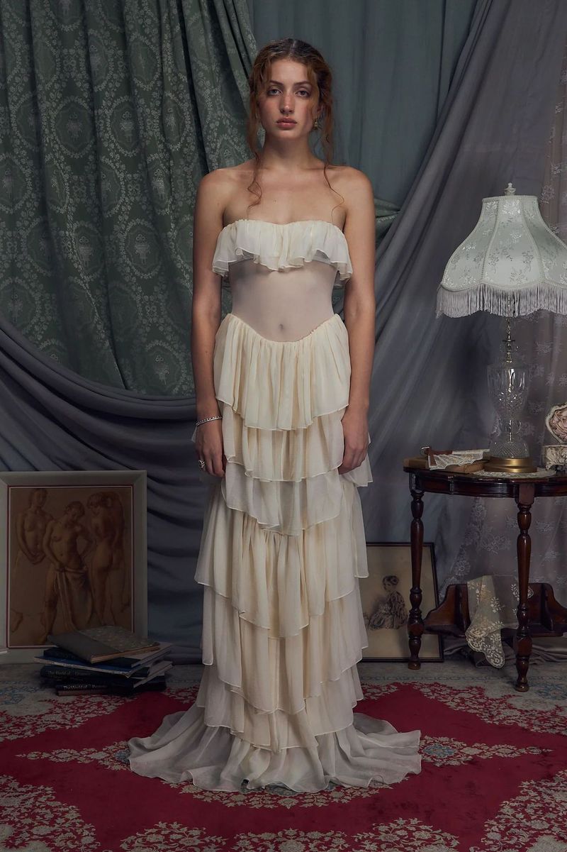 Conjunto de dos piezas de falda larga de gasa con lazo en el pecho para mujer, vestido francés, 2024_voghion.com