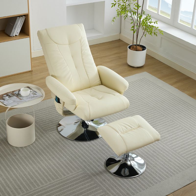 Fauteuil relax inclinable, massage 5 points, chauffage électrique, repose-pieds, pivotant à 360°, fauteuil TV inclinable en cuir PU beige_voghion.com