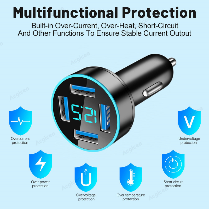 4-port USB 4.8A car charger LED fast charging quick charging 3.0 USB car charger adapter suitable for iPhone 14 Samsung_voghion.com