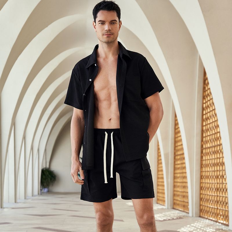 Men's Clothing summer new men's cardigan clear texture shirt drawstring elastic waist shorts plain color light mature two piece suit_voghion.com