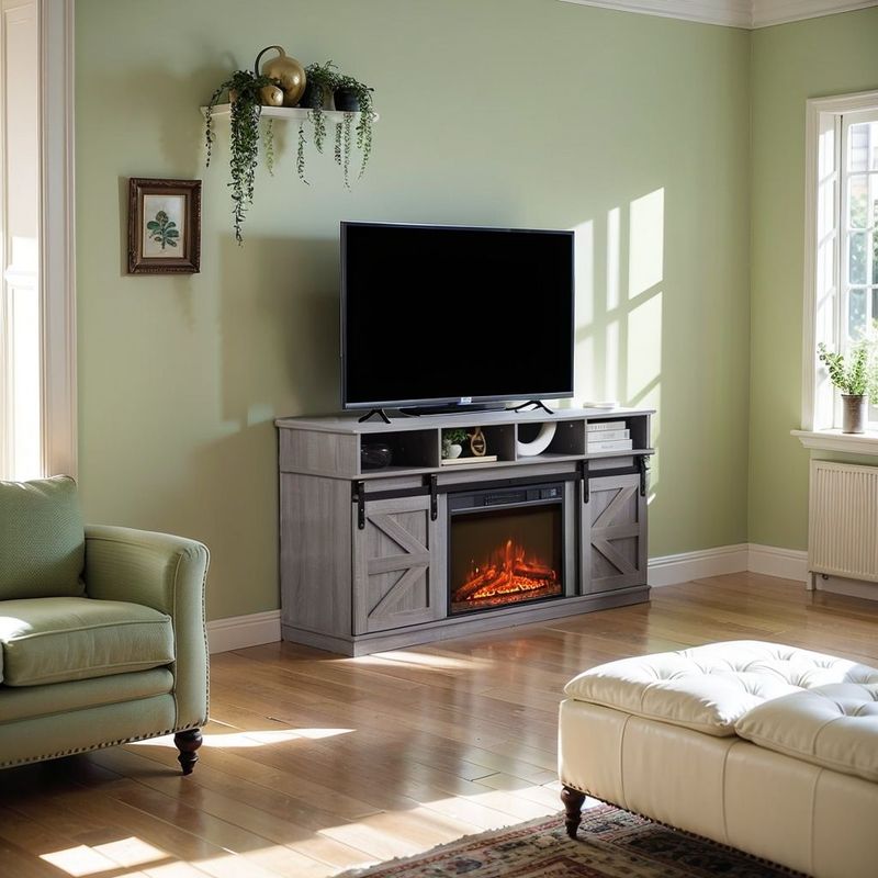 Modern Farmhouse TV Media Stand, Large Barn Inspired Home Entertainment Console, With 23" Fireplace Insert, For TV Up To 65'', With Open Shelves And Closed Cabinets, Grey_voghion.com