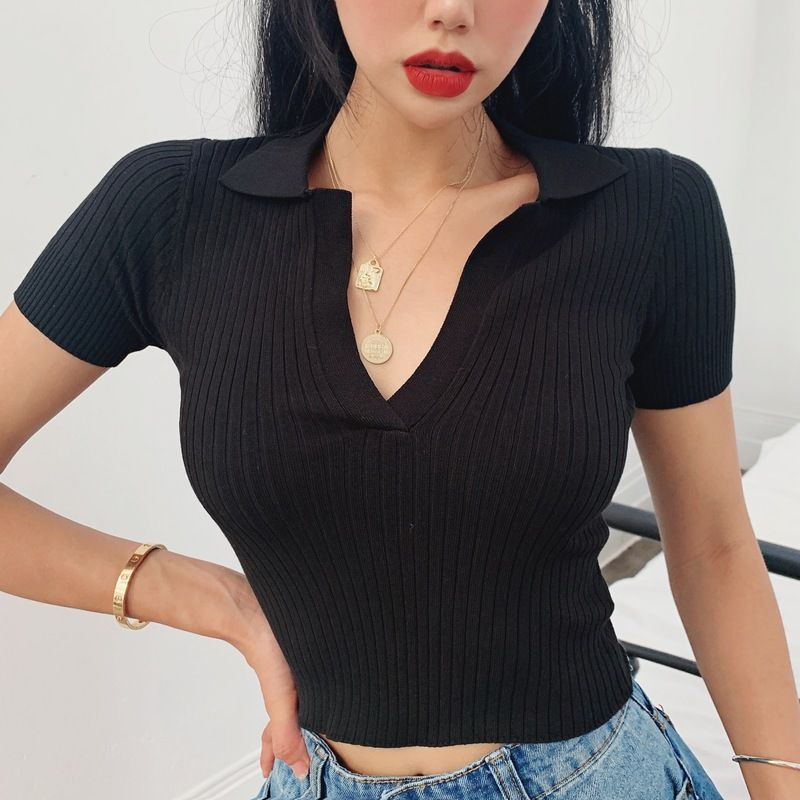 Women's Clothing Summer Retro Lapel Shirt Knitted Short Sleeve T Shirt V Neck Slim Short Navel Exposed Top_voghion.com